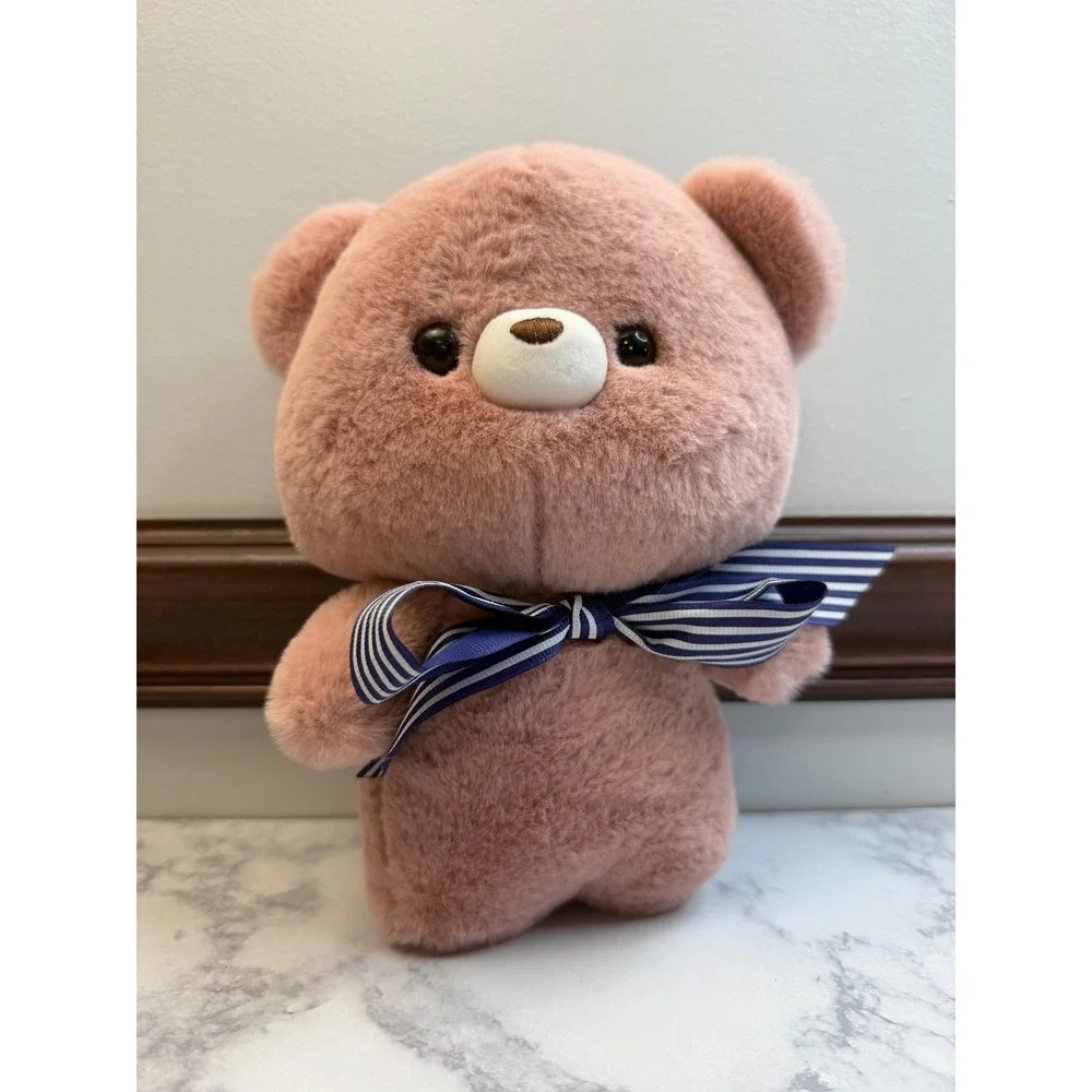 Kawaii Pink Teddy Bear Plush Stuffed Animal with Blue Striped Bow 9 Inch